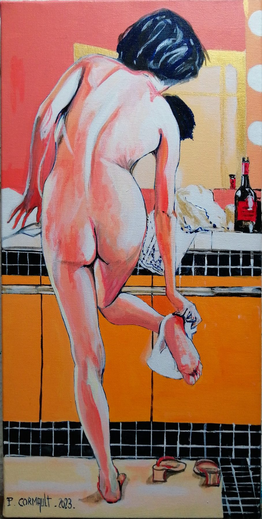 Femme nue de dos, se préparant devant un miroir, dans une ambiance colorée et intime.