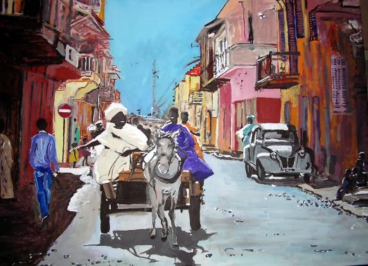 Scène de rue colorée avec une charrette tirée par un cheval et des bâtiments anciens.