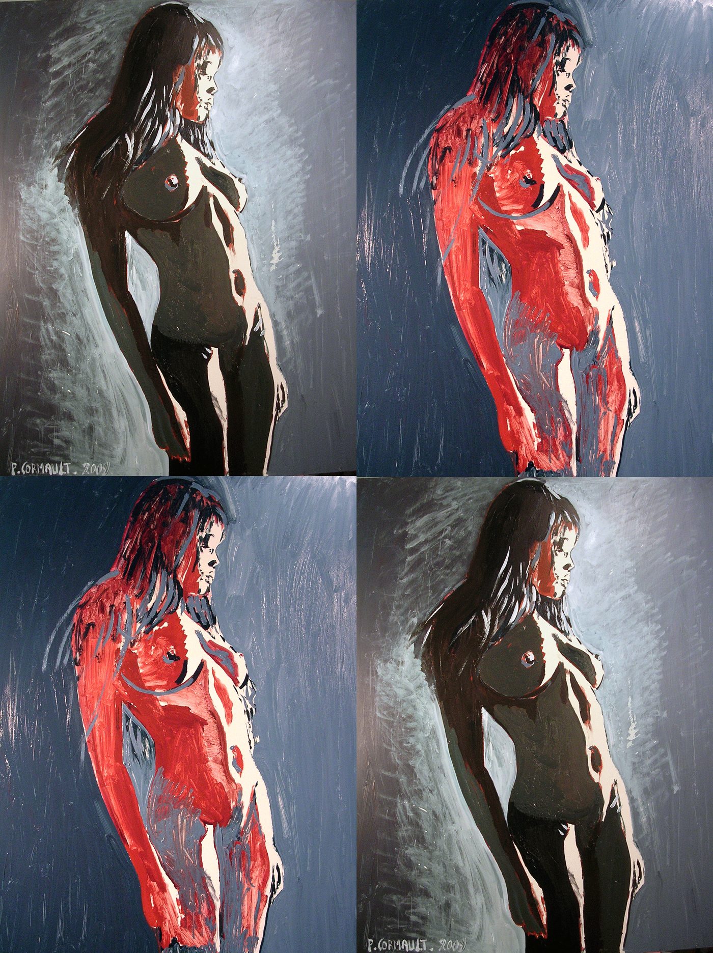 Femme nue debout, légèrement tournée, avec des éléments abstraits et colorés sur son corps.