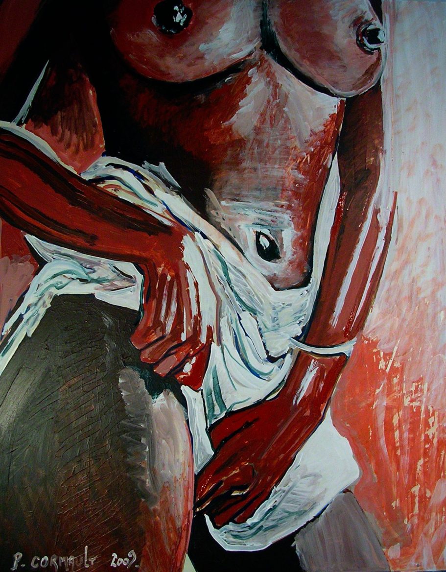 Peinture d'une figure féminine, drapée avec une ceinture, aux teintes chaudes et sombres.