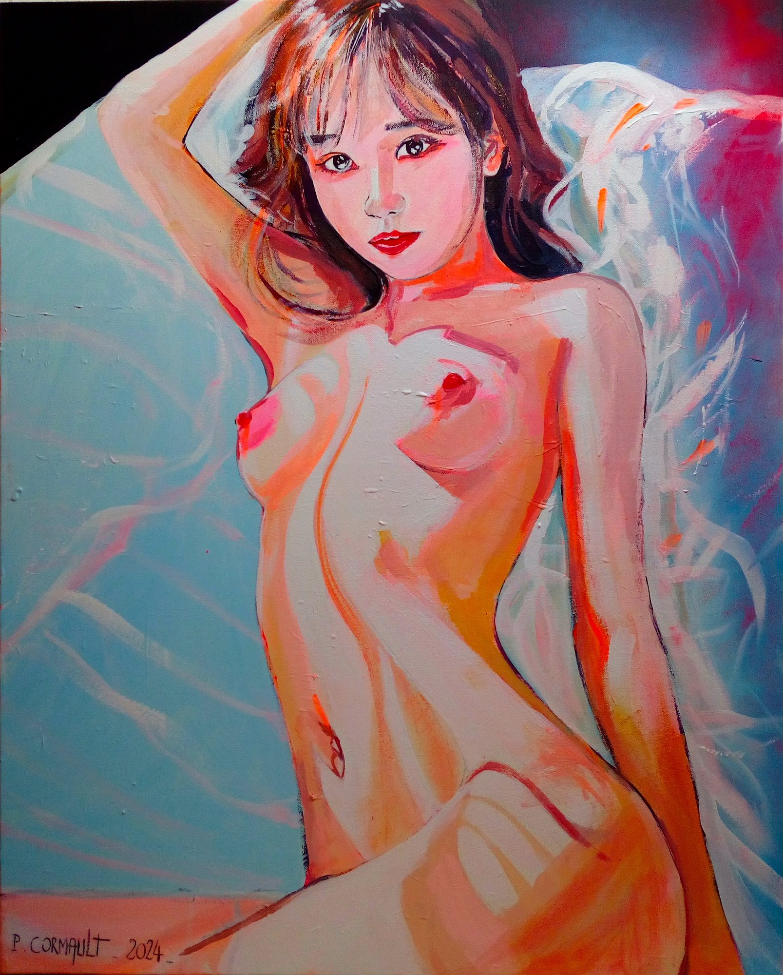 Femme nue aux cheveux longs, posant avec une expression séduisante et des couleurs vives.