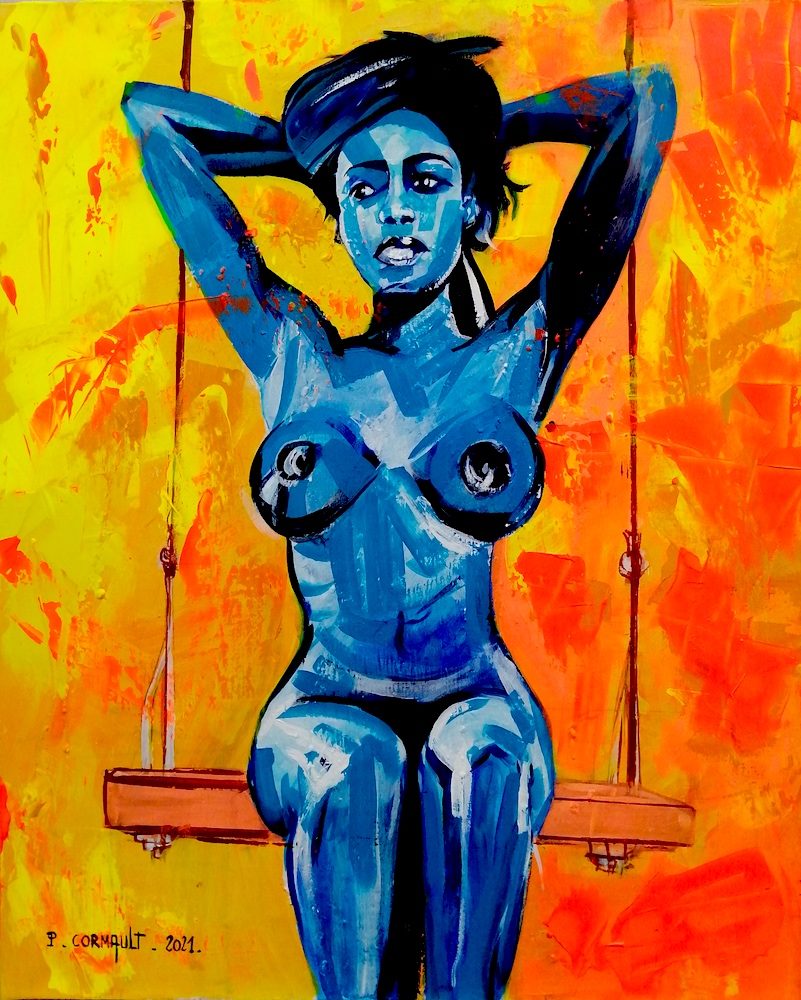 Femme nue aux teintes bleues, assise sur une balançoire devant un fond jaune et orange.