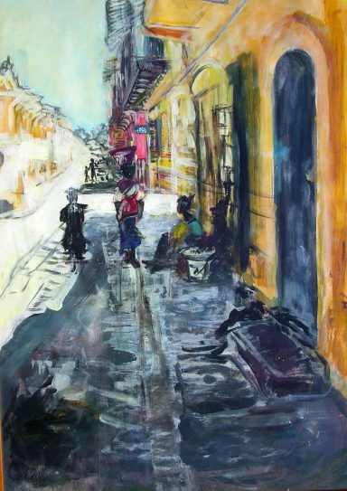 Scène de rue animée avec des personnages et des bâtiments colorés.