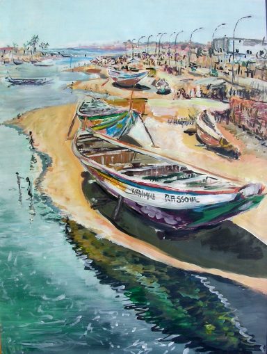 Scène portuaire avec des bateaux colorés amarrés et des promesses de rivage.